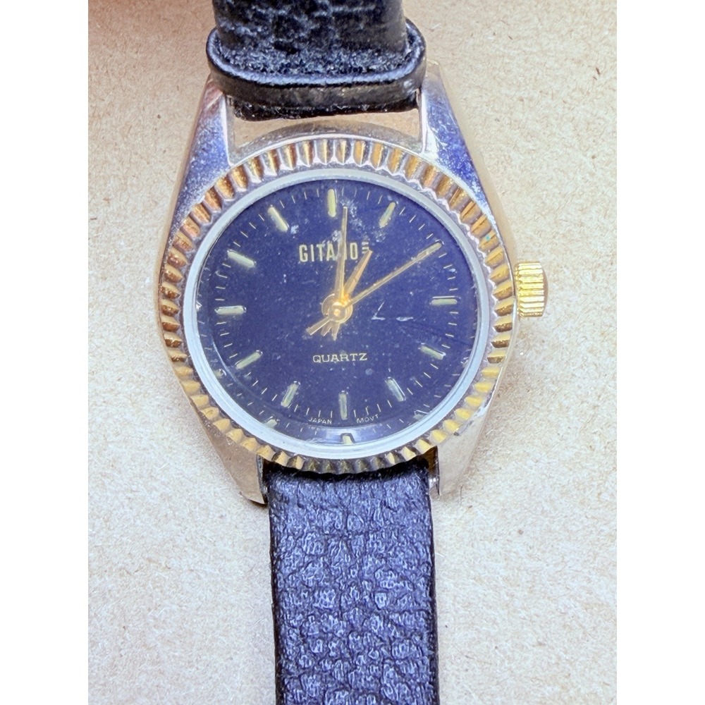Vintage Gitano Quartz Watch 1990s Blue Dial Gold Bezel Japan Movt 6127